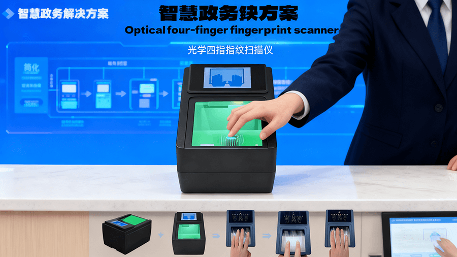 指紋掃描儀在政務(wù)服務(wù)、國(guó)家級(jí)人口建檔、交通樞紐安檢三大場(chǎng)景的應(yīng)用方案總覽，展示設(shè)備在不同場(chǎng)景的部署邏輯與價(jià)值。